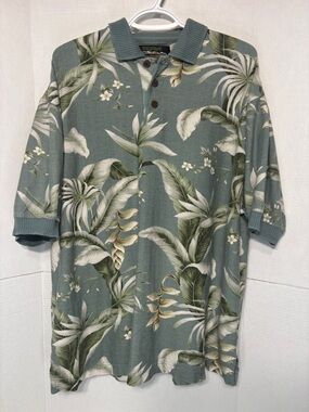 Hawaiian Reserve Collection Sage Green Tropical Leaf Print Polo Beach Shirt